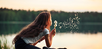 girl, river, forest